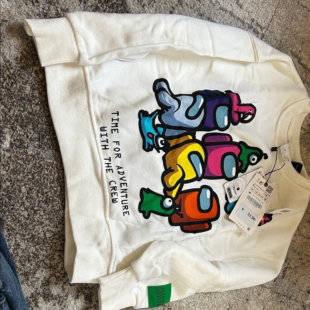 Zara White Kids Sweatshirt with Colorful Among Us Crew Graphic